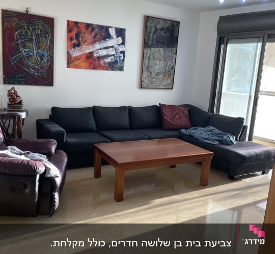 שלושה ציורים מופשטים תלויים על קיר לבן